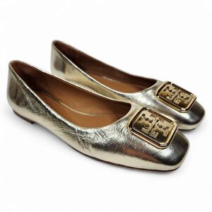 $248 Tory Burch GEORGIA Spark Gold Metallic BALLET FLATS Size 6.5 Logo EUC